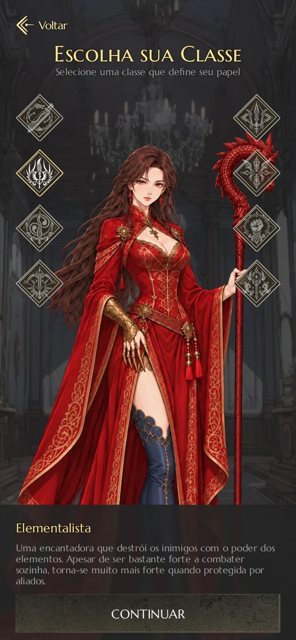 Tela de escolha de classe do Krownfall