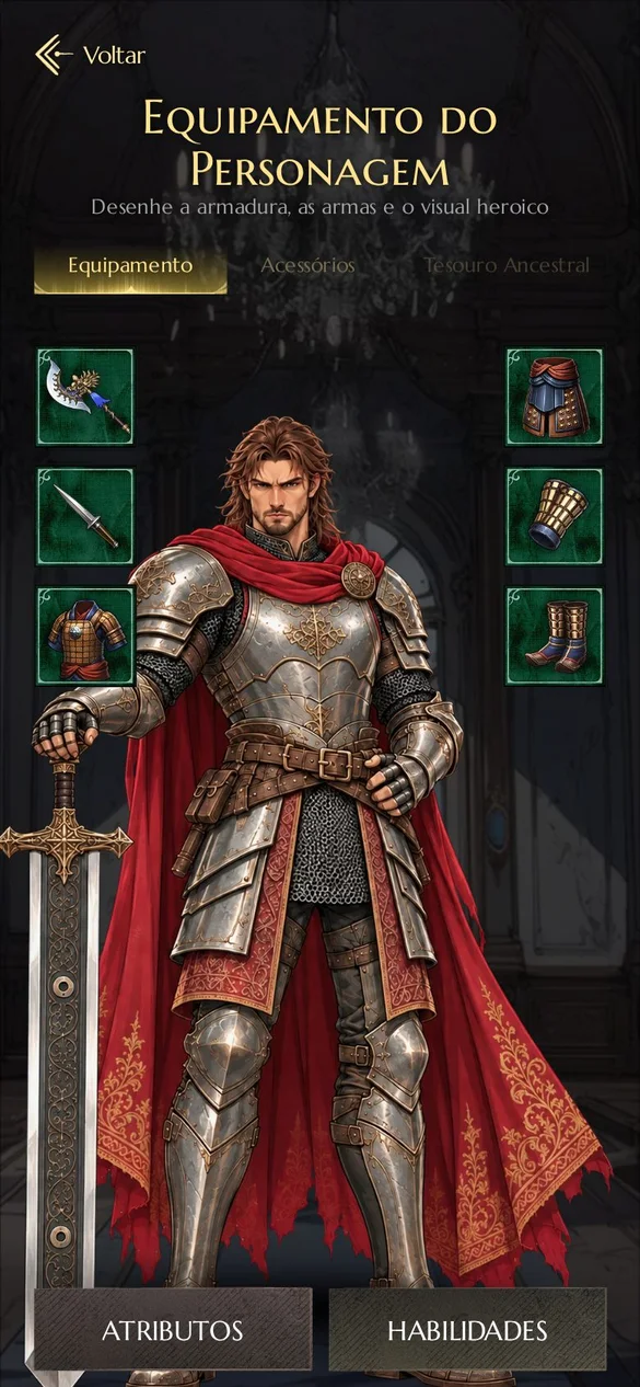Tela de equipamento do personagem no Krownfall